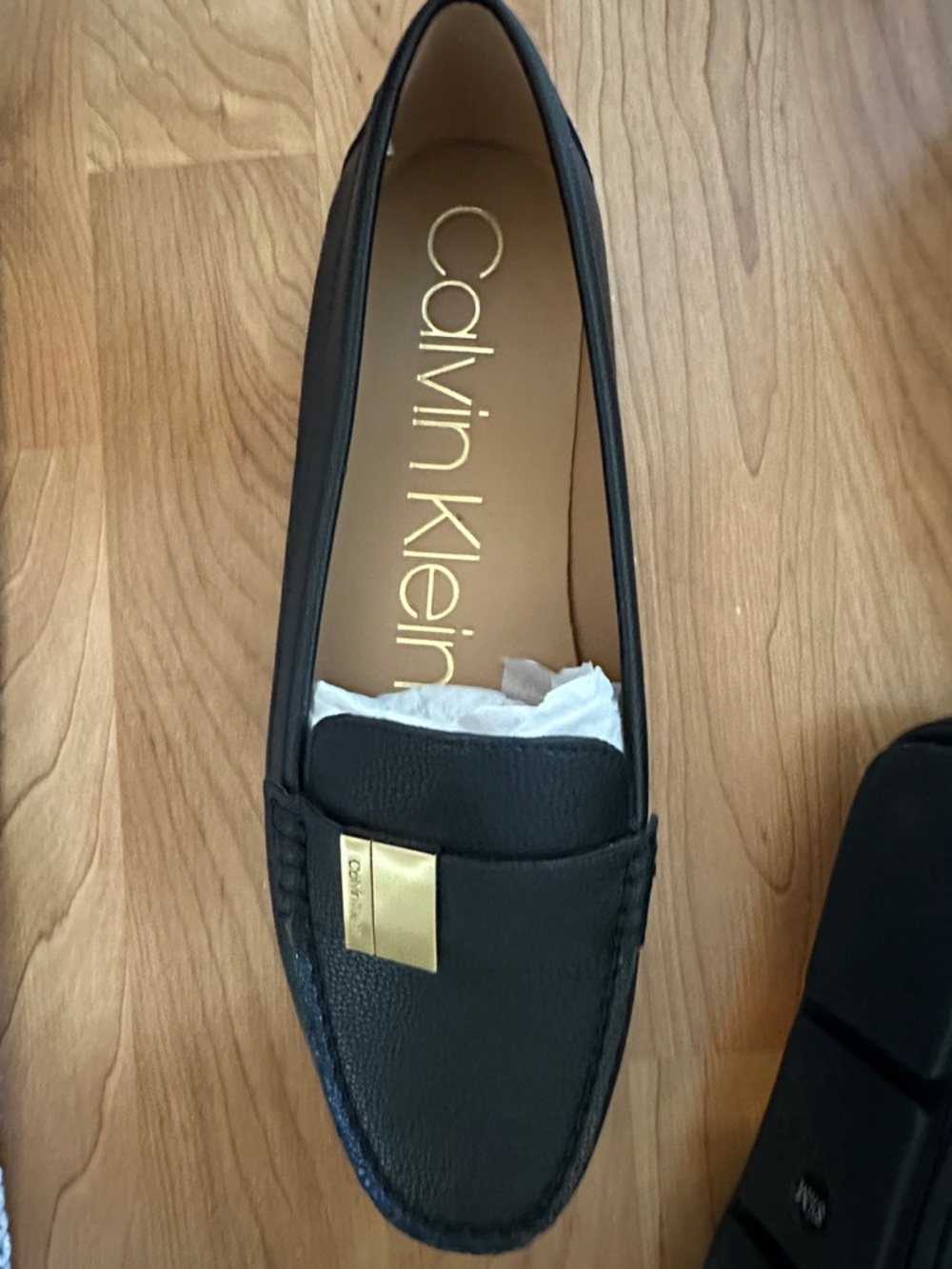 Calvin Klein Black Leather Slip-On Loafers with Gold Accent - Picture 4 of 6